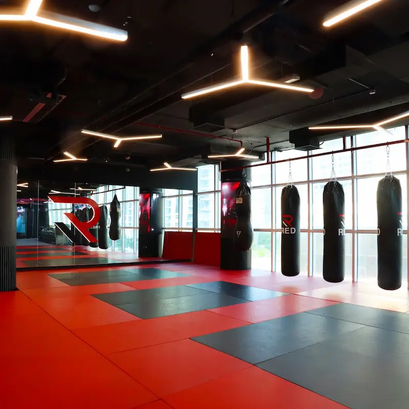 Boxing zone with premium punching bags at Red Gym Dubai